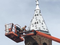 Roofing of church and steeple.